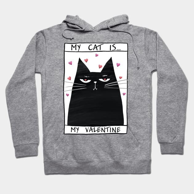 Happy valentines black cat. Cute cat and red hearts. Hoodie by Olena Tyshchenko